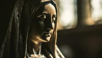 einer Frau beten zu das Statue von ein Christian Gott generiert durch ai foto