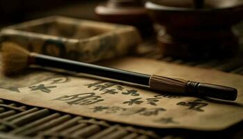 Chinesisch Kalligraphie uralt Tinte auf Papier, Tradition konserviert im Kulturen generiert durch ai foto