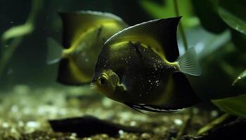 Gelb und Grün Clown Fisch schwimmen im natürlich Riff Schönheit generiert durch ai foto