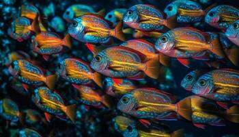 beschwingt Farben von ein Schule von Fisch im das Koralle Riff generiert durch ai foto