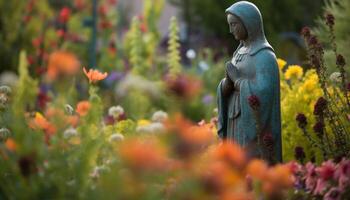 Frauen beten beim Statue im still Garten von Spiritualität und Schönheit generiert durch ai foto