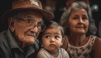 multi Generation Familie Verbindung draußen, Liebe und Zusammengehörigkeit gefangen lächelnd generiert durch ai foto