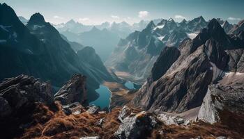 majestätisch Berg Gipfel, hoch oben im das Dolomiten Wildnis Bereich generiert durch ai foto