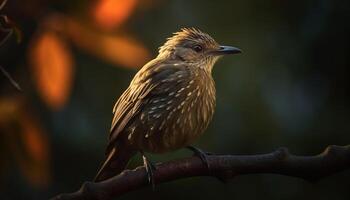 Blau Spatz sich niederlassen auf Zweig, Gelb Auge im Fokus generiert durch ai foto