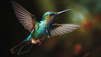 Kolibri schwebend, Verbreitung Flügel, irisierend, multi farbig, bestäubend Blume generiert durch ai foto