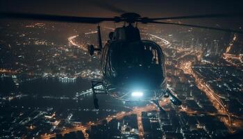 modern Hubschrauber im Mitte Luft Über glühend Stadt Wolkenkratzer generiert durch ai foto