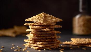 hausgemacht Schokolade Chip Kekse auf rustikal hölzern Tisch, nachsichtig Snack generiert durch ai foto