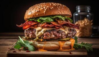 gegrillt Cheeseburger auf Ciabatta mit Tomate, Zwiebel, und Cheddar generiert durch ai foto