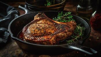gegrillt Steak auf rustikal Besetzung Eisen, bereit zu Essen Gourmet Mahlzeit generiert durch ai foto