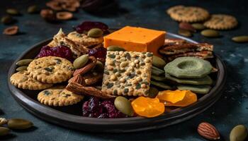 nachsichtig hausgemacht Dessert dunkel Schokolade Mandel Cranberry Plätzchen Stapel generiert durch ai foto