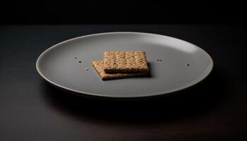 gesund Mahlzeit auf schwarz Teller Gourmet brot, knackig Keks Stapel generiert durch ai foto