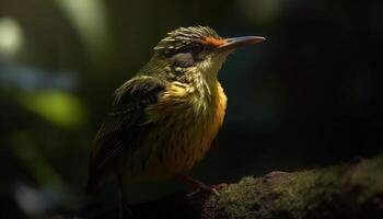 klein Vogel sich niederlassen auf Zweig, Singen im still Wald generiert durch ai foto