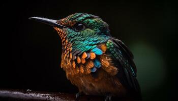 beschwingt Vogel sich niederlassen auf Zweig, irisierend Gefieder leuchtenden hell generiert durch ai foto