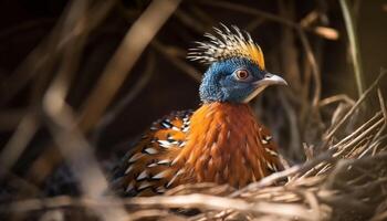 bunt Vogel thront auf Zweig, beäugte das Kamera im Fokus generiert durch ai foto