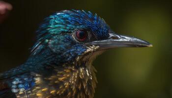 einer Vogel sich niederlassen auf Zweig, glänzend Blau und Grün Gefieder generiert durch ai foto
