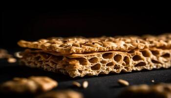 gesund Lebensstil Dessert hausgemacht Honig Waffel mit dunkel Schokolade Nieselregen generiert durch ai foto