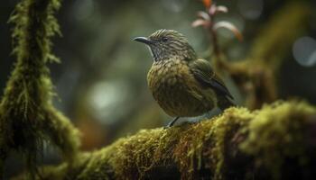 klein Gelb Singvogel sich niederlassen auf Zweig, Singen im still Wald generiert durch ai foto