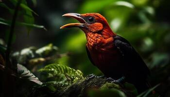 Ara sich niederlassen auf Ast im beschwingt Amazonas Regenwald Schönheit generiert durch ai foto