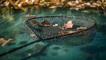 frisch Meeresfrüchte gefangen im kommerziell Angeln Netz auf still Küste generiert durch ai foto