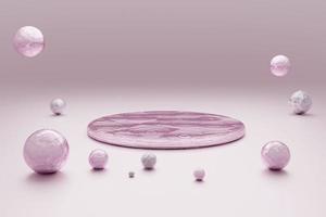 abstrakter pastellrosa Hintergrund mit rundem Podium und Perlen-3D-Rendering foto