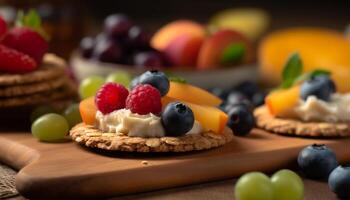 frisch Beere Dessert Blaubeere, Himbeere, Erdbeere, und Schokolade Genuss generiert durch ai foto