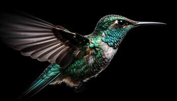 Kolibri schwebend, irisierend Gefieder Ausbreitung, Schönheit im Natur Porträt generiert durch ai foto