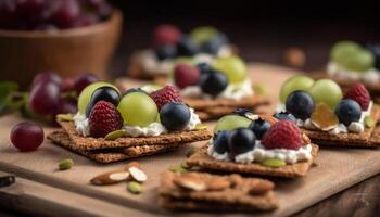 gesund hausgemacht Dessert Beere Obst Teller mit Schokolade Variation generiert durch ai foto