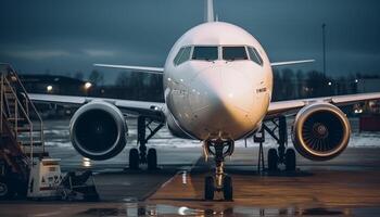 dunkel Blau Nacht, Ladung Flugzeug Verlassen Flugplatz mit beleuchtet Motor generiert durch ai foto