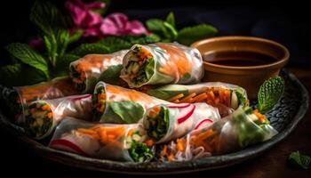 frisch Frühling Rollen mit Schweinefleisch und Gemüse, ein Vietnamesisch Vorspeise generiert durch ai foto