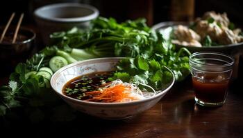 frisch Vegetarier Salat Mahlzeit mit organisch Zutaten auf rustikal Tabelle generiert durch ai foto