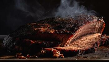 gegrillt Schweinefleisch Steak, geräuchert und bereit zu essen, ein Gourmet Mahlzeit generiert durch ai foto