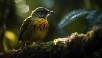 Gelb Vogel sich niederlassen auf Zweig, umgeben durch natürlich Schönheit generiert durch ai foto