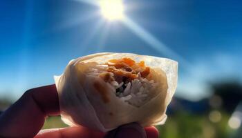 Hand halten frisch sashimi, ein Gourmet Meeresfrüchte Vorspeise zum Sommer- generiert durch ai foto