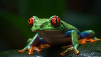 rot Augen Baum Frosch Sitzung auf Blatt, suchen mit Neugierde generiert durch ai foto