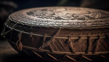 uralt Keramik Rad schafft aufwendig Kreis Muster auf Lehm Material generiert durch ai foto