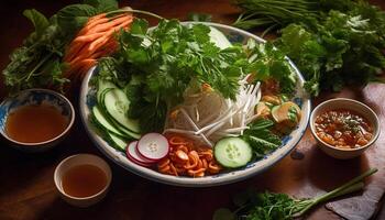 frisch Gourmet Salat mit organisch Gemüse auf rustikal hölzern Tabelle generiert durch ai foto