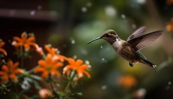 Kolibri schwebend, multi farbig Gefieder Ausbreitung, bestäubend ein beschwingt Blume generiert durch ai foto