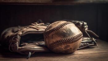 Leder Handschuh fängt Ball, alt gestaltet Baseball Schläger auf Infield Planke generiert durch ai foto