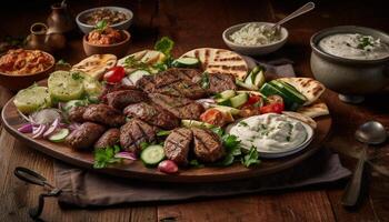 gegrillt Fleisch Spieße auf rustikal Platte, bereit zu Essen Gourmet Mahlzeit generiert durch ai foto