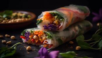 frisch Gemüse Frühling rollen, ein gesund Vietnamesisch Vorspeise eingewickelt oben generiert durch ai foto