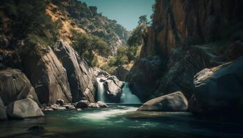 still Szene von majestätisch Berg Angebot mit fließend Wasser Stromschnellen generiert durch ai foto