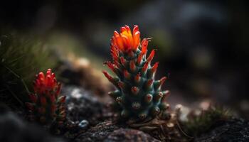 Scharf Dorn schützt multi farbig Blume Kopf im unkultiviert Wald generiert durch ai foto