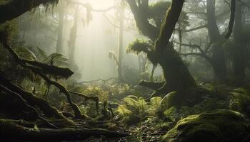 Silhouette von gespenstisch Baum im nebelig Wald beim Dämmerung generiert durch ai foto