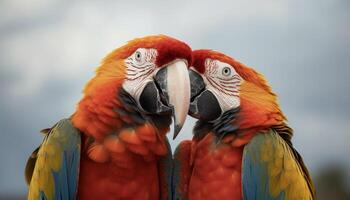 beschwingt Aras im das wild Vitrine Schönheit von tropisch Natur generiert durch ai foto