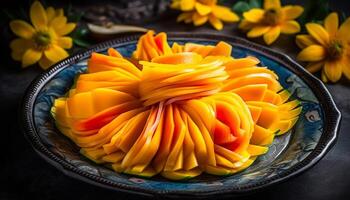 Frische und Natur im ein schließen oben von ein Gourmet Dessert generiert durch ai foto