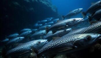 Schule von Fisch Schwimmen im tropisch Riff, unter Wasser Abenteuer generiert durch ai foto