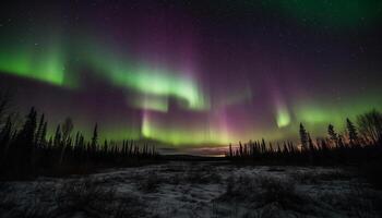 majestätisch Berg Angebot beleuchtet durch beschwingt Aurora Polaris beim Nacht generiert durch ai foto