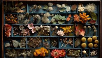Vielfalt von getrocknet Pflanzen im organisch Dekoration, Studio Schuss generiert durch ai foto