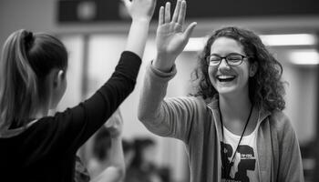 zwei jung Frauen Triumph im Ausbildung, gestikulieren mit Aufregung generiert durch ai foto