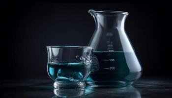 transparent Becherglas spiegelt Blau flüssig, ein wissenschaftlich Experiment im Fortschritt generiert durch ai foto